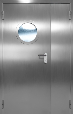 Полуторапольная противопожарная дверь EI 60 из нержавеющей стали с круглым стеклом 19